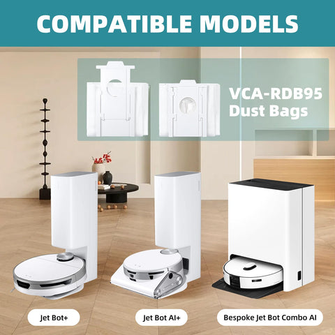 BTRSOLUS VCA-RDB95 dust bag fits Samsung Jet Bot, maintaining suction with new bag.