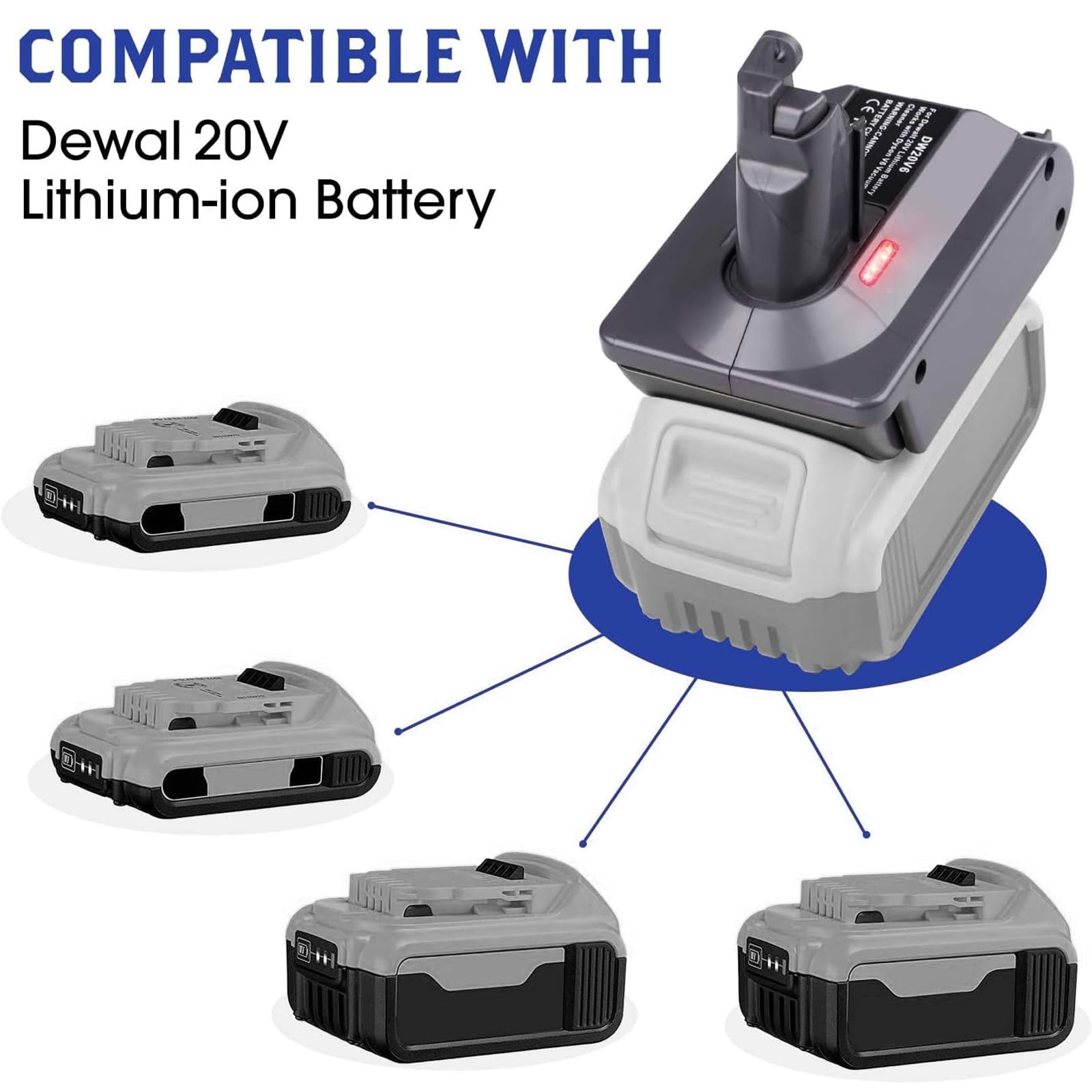 BTRUI DW20V8 adapter battery connection close-up secures DeWalt battery attachment
