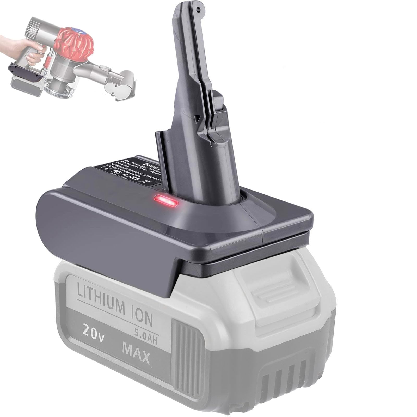 BTRUI DW20V8 adapter front view enables Dyson V8 compatibility with DeWalt 20V batteries