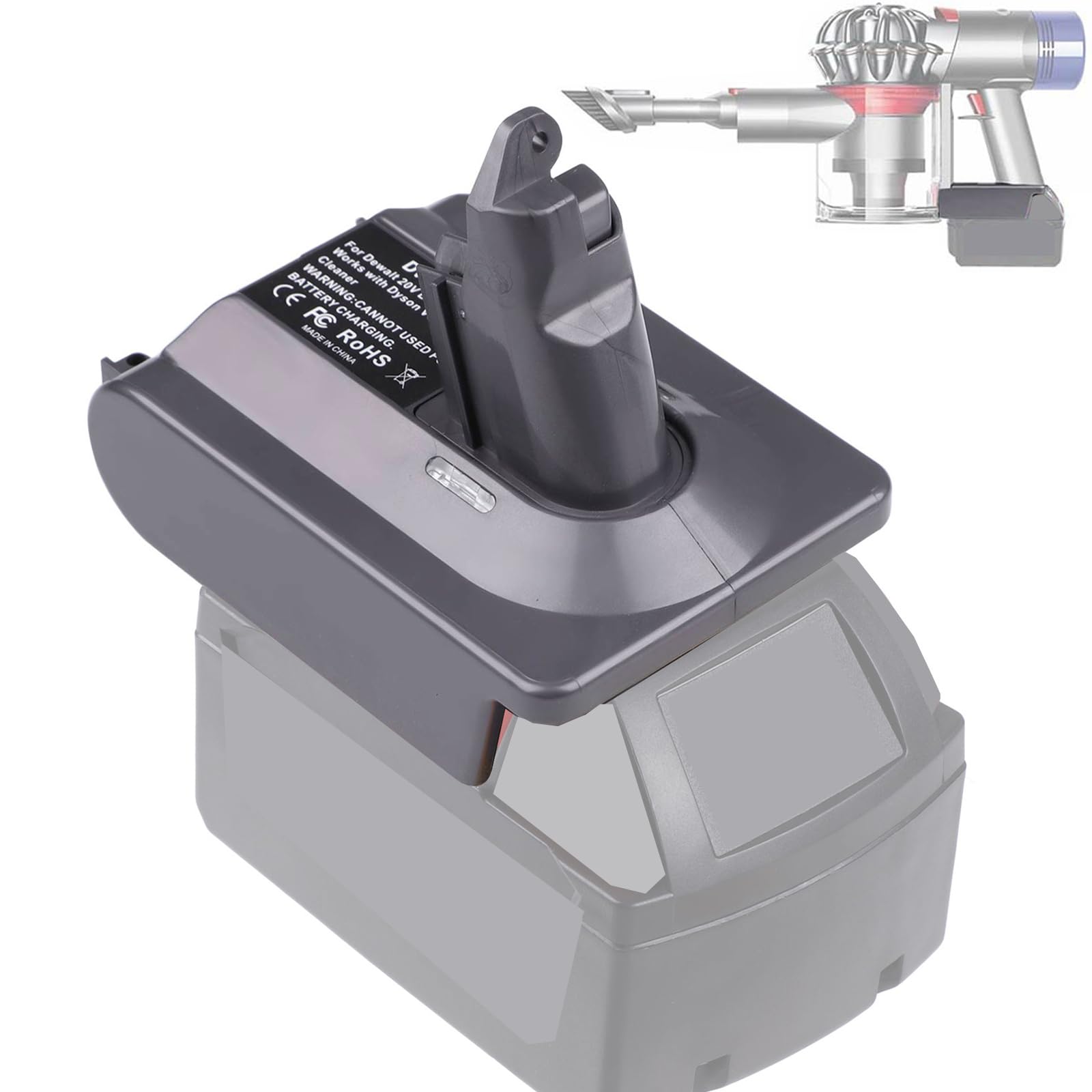 BTRUI MIL18V6 adapter with Dyson V6 connector powers Dyson V6 from Milwaukee battery.