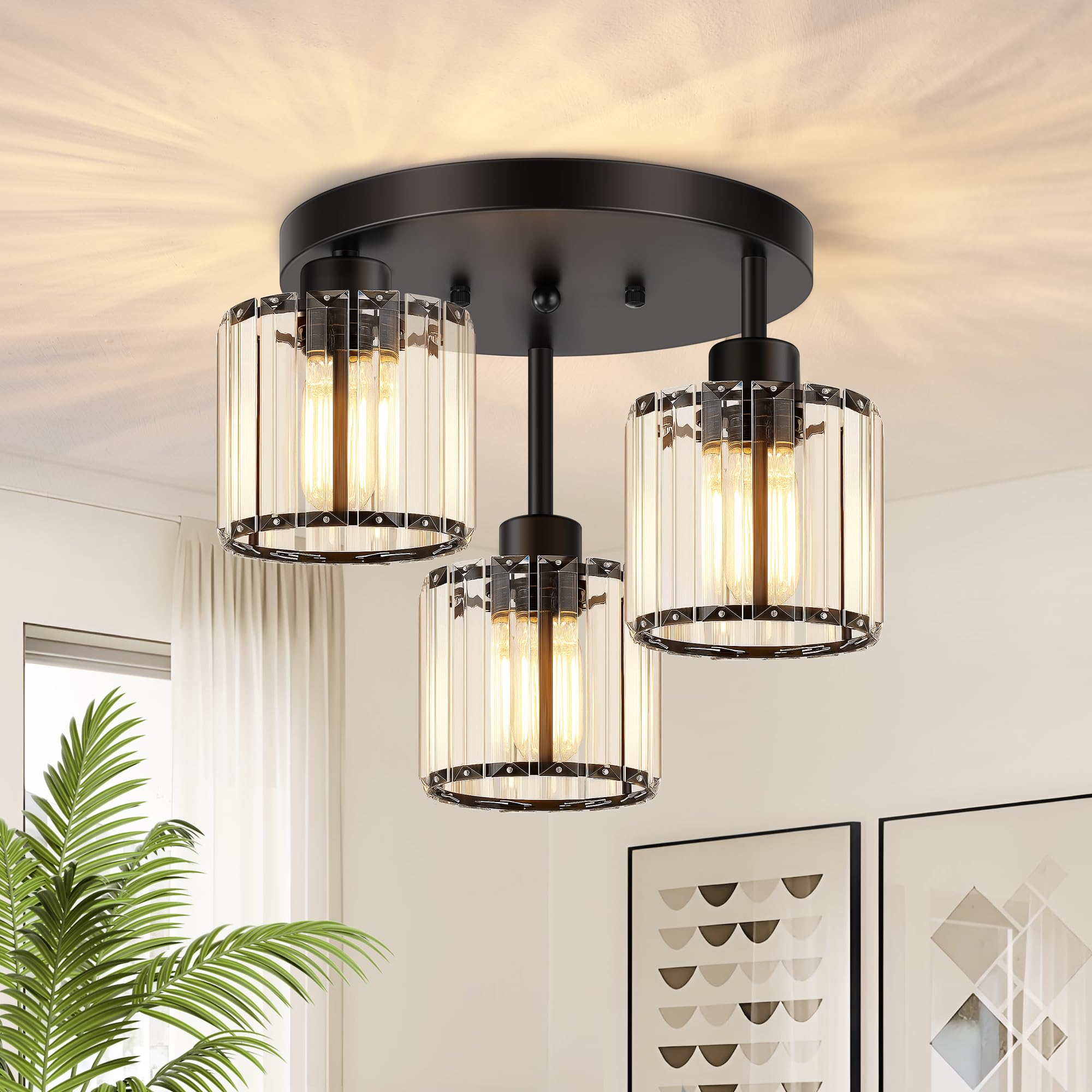 Btvsd 3-light crystal semi-flush mount with black frame for modern elegance.