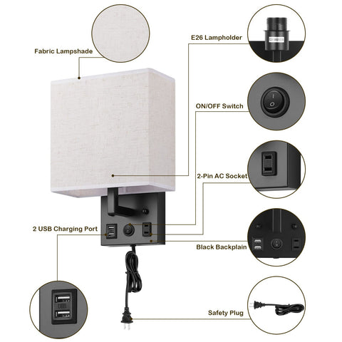 BTY wall sconce with AC socket for powering small devices.