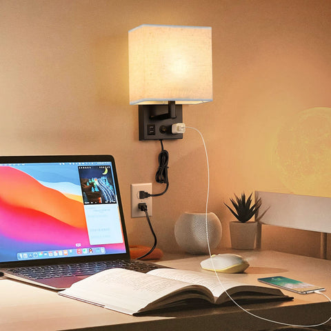 BTY wall sconce packaging highlights plug-in or hardwired installation options.