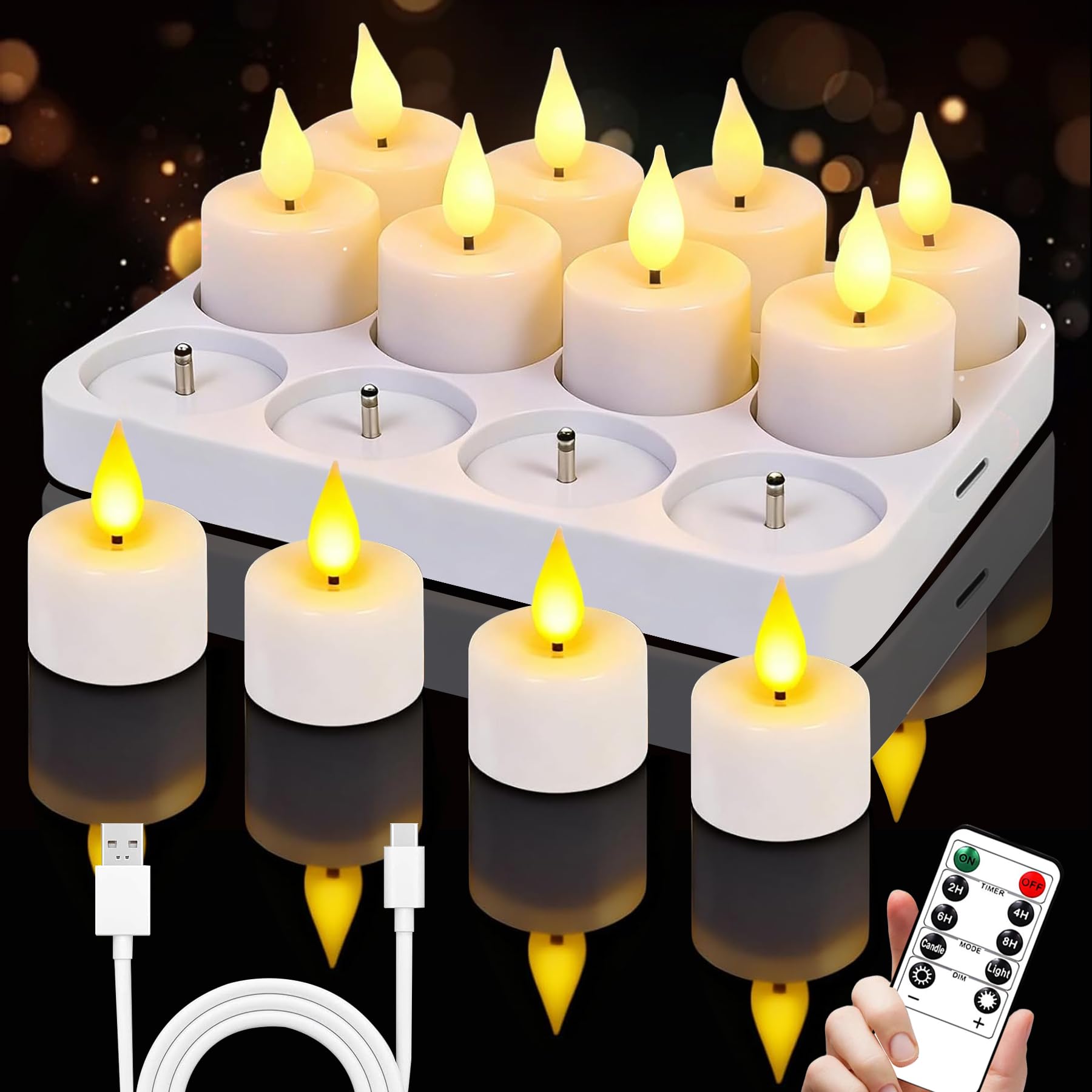 Buaszay 12-pack rechargeable tea lights on charging station for long-lasting ambiance.