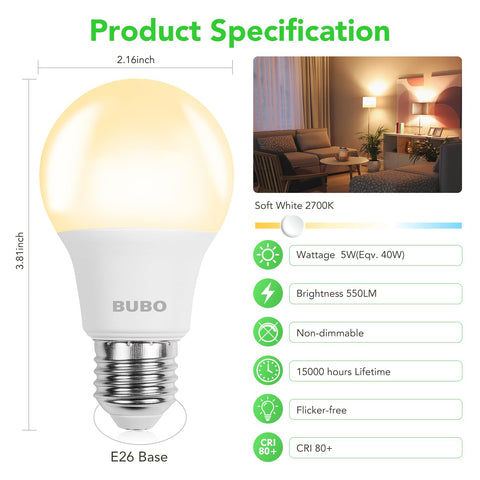 BUBO A19 LED bulbs with E26 base fit standard fixtures for easy installation.