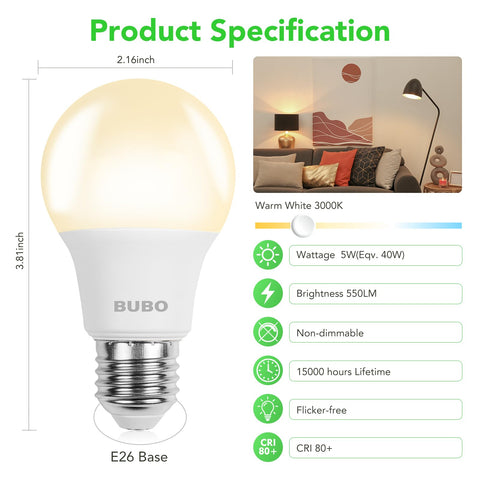 BUBO A19 LED bulbs in warm white 3000K create cozy, inviting spaces.