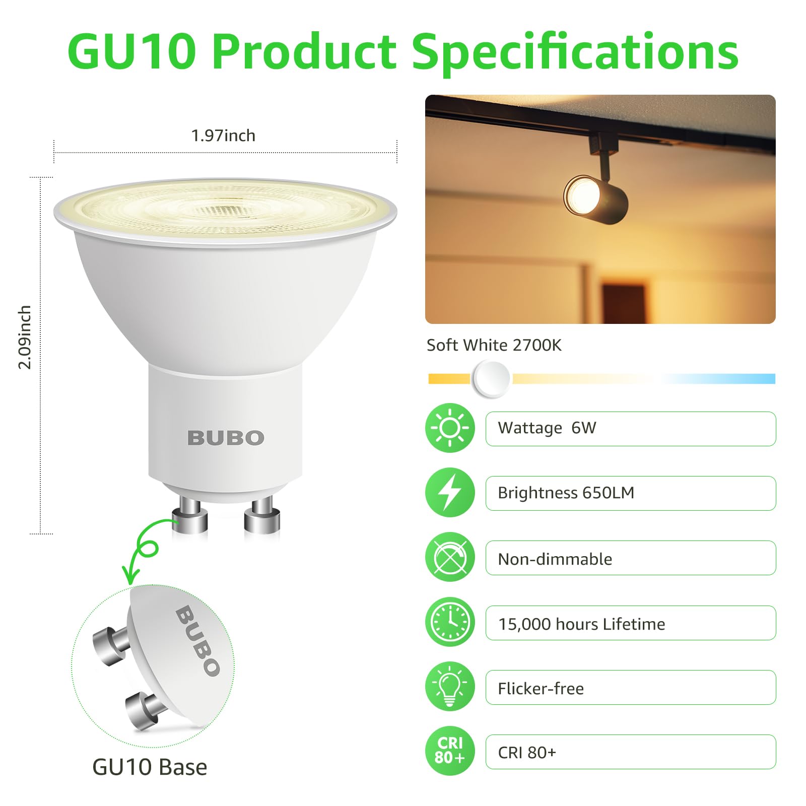 Close-up of BUBO GU10 bulb installed in a track lighting fixture