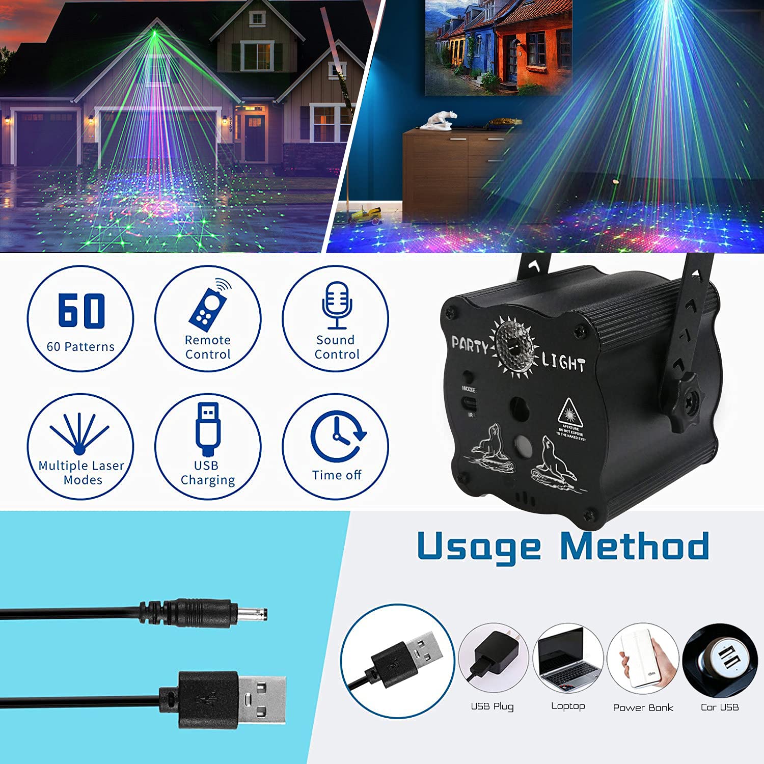 Bubusan Laser Lights Show Projector color-background options for mood customization.