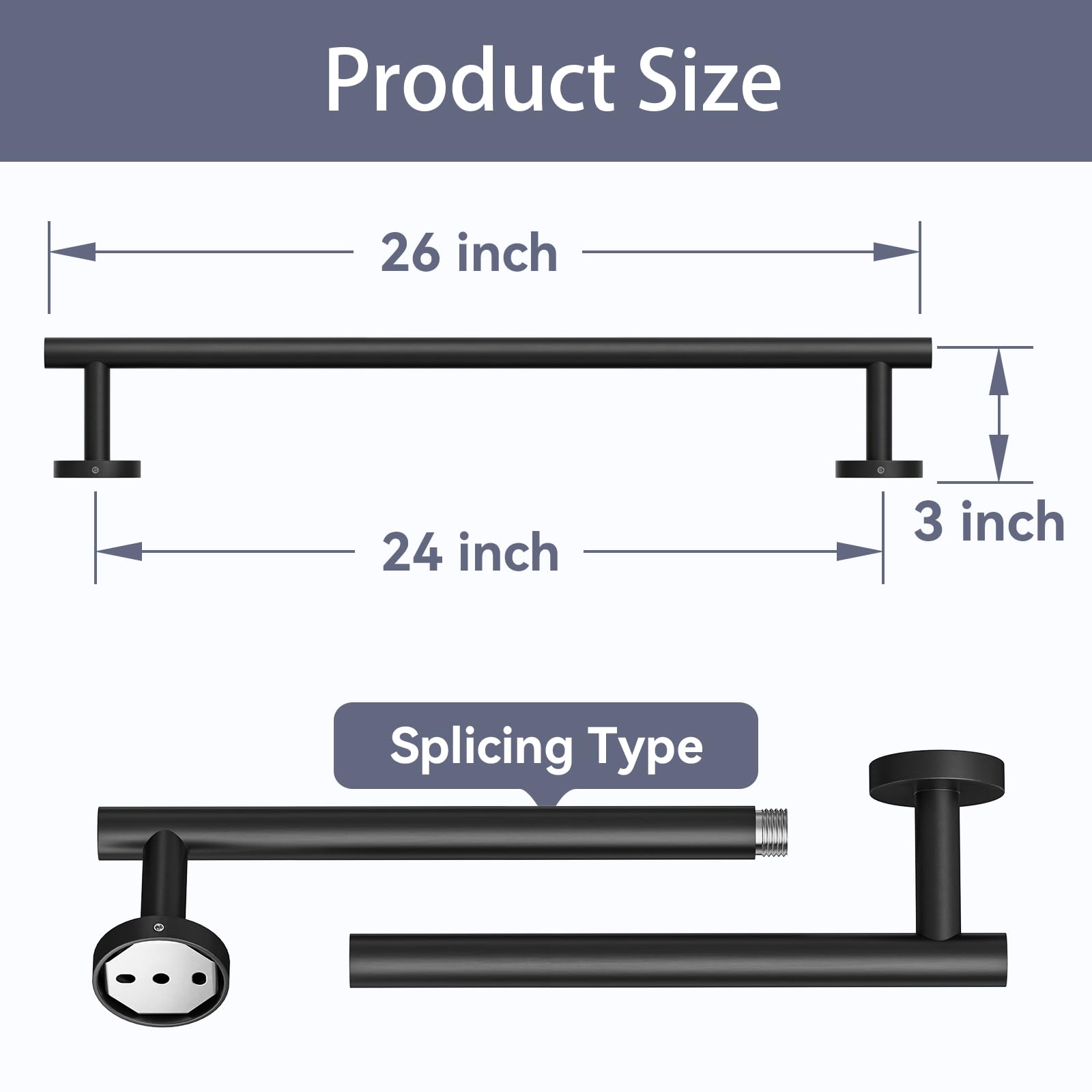 Bubxo towel bar shows total length of 26 inches mounted on wall