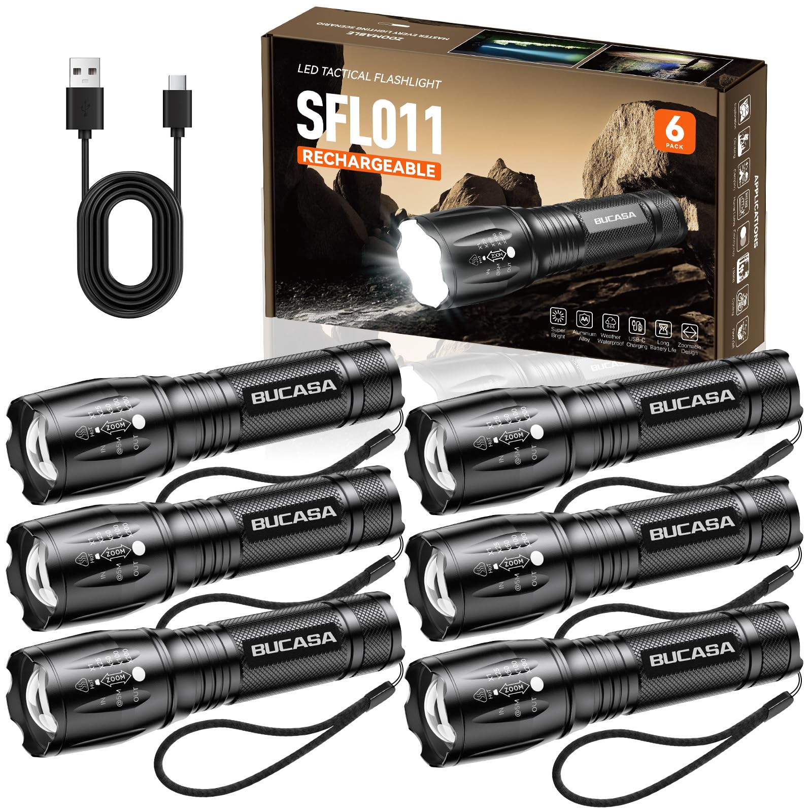 BUCASA 6-pack rechargeable flashlights ready for camping with reliable night illumination.
