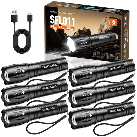 BUCASA 6-pack rechargeable flashlights ready for camping with reliable night illumination.
