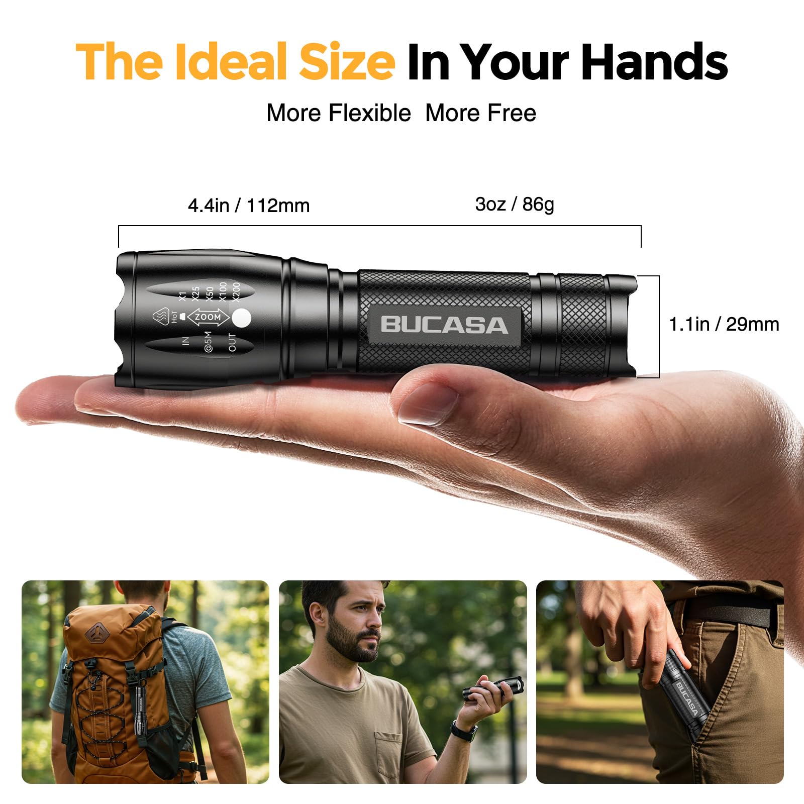 BUCASA compact 4.4-inch flashlight fits pockets, bags, or car compartments.