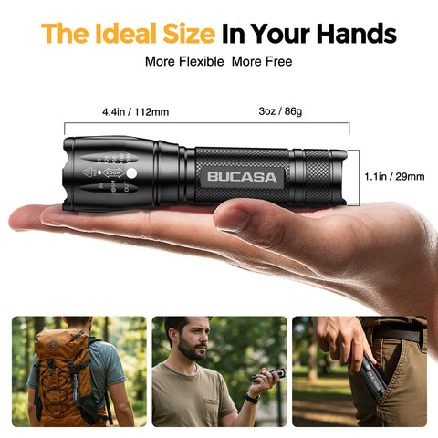 BUCASA compact 4.4-inch flashlight fits pockets, bags, or car compartments.