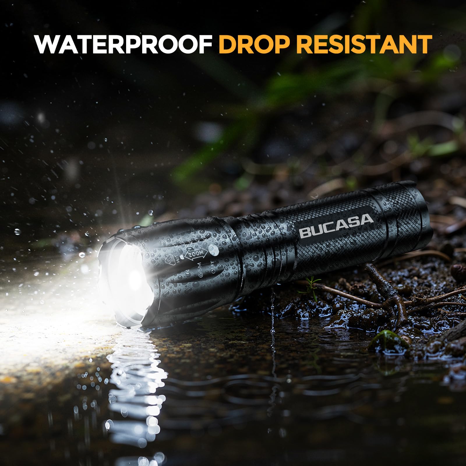 BUCASA three-mode flashlight offers high, medium, and strobe for versatile use.