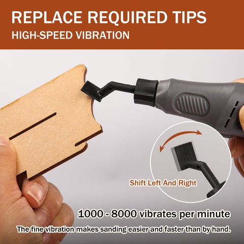 Bucasso Cordless Pen Sander includes 8 grinding heads for varied material tasks.