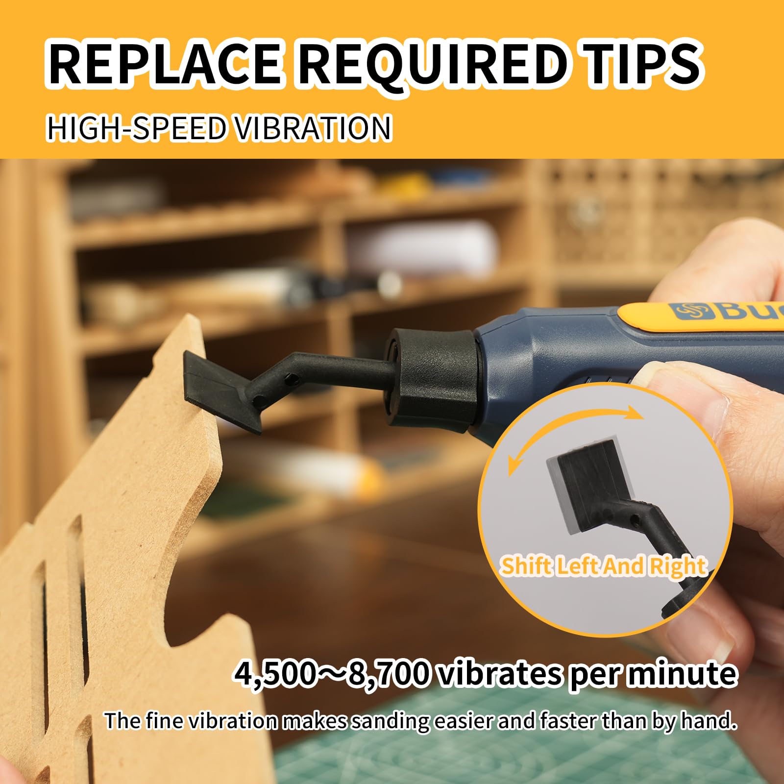 Bucasso Cordless Pen Sander with LED light for visible finishing details.