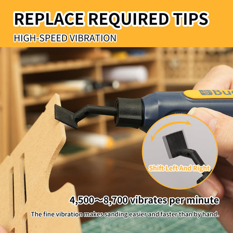Bucasso Cordless Pen Sander with LED light for visible finishing details.