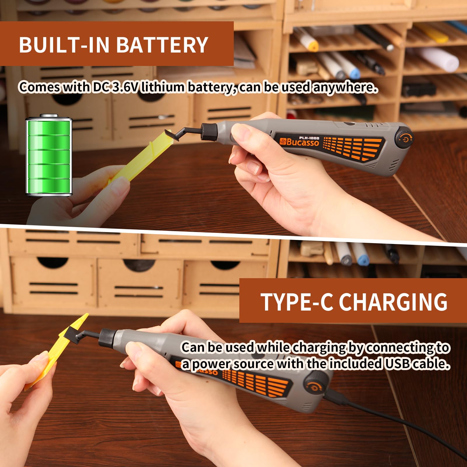 Bucasso Cordless Pen Sander LED light illuminates the work surface for accurate finishing.