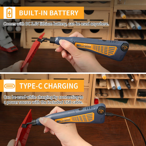 Bucasso cordless pen sander side view highlights slim profile for tight spots.