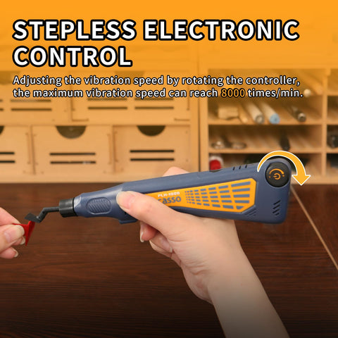 Bucasso cordless pen sander stepless speed aids material-specific tuning.