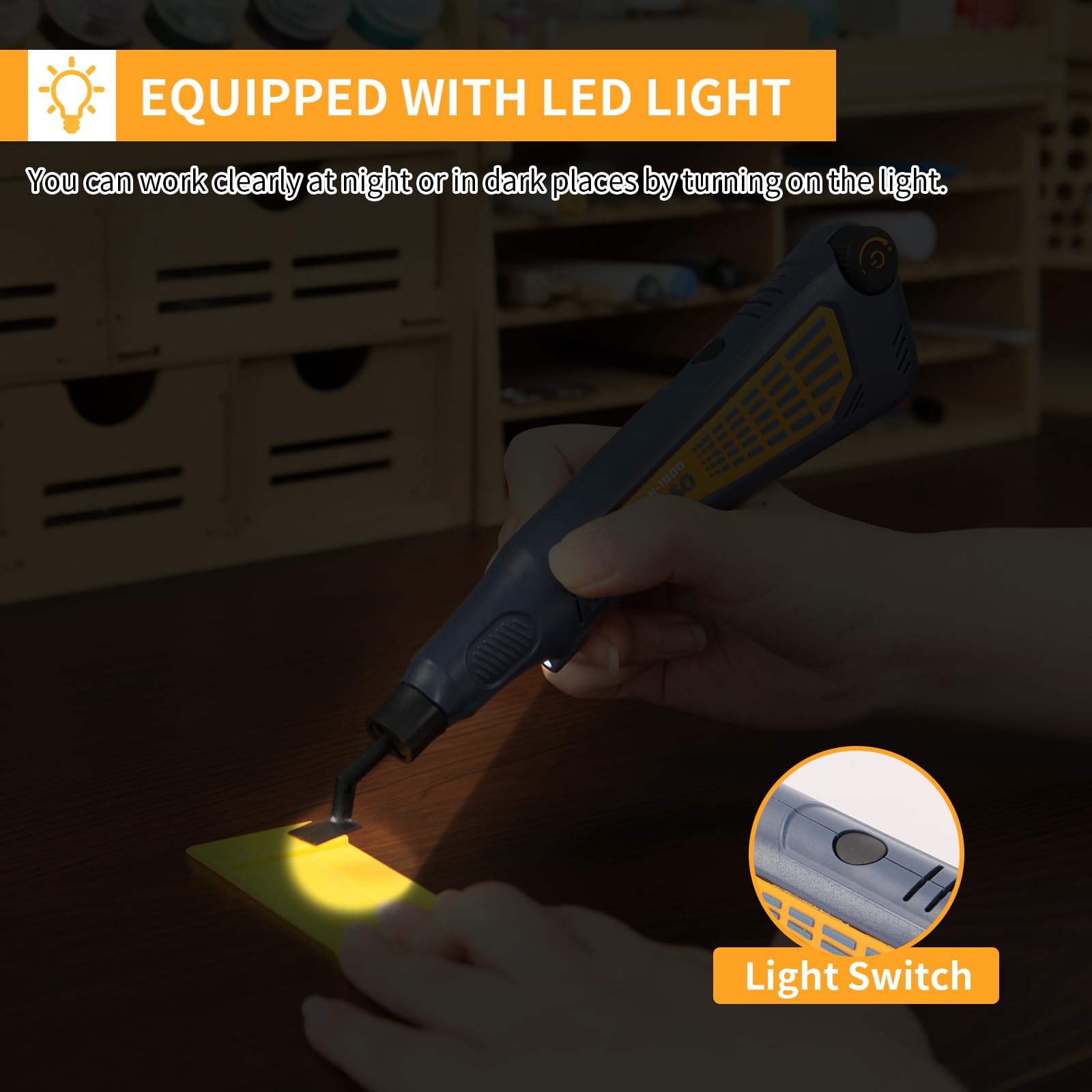 Bucasso cordless pen sander USB charging port enables cord-free use.