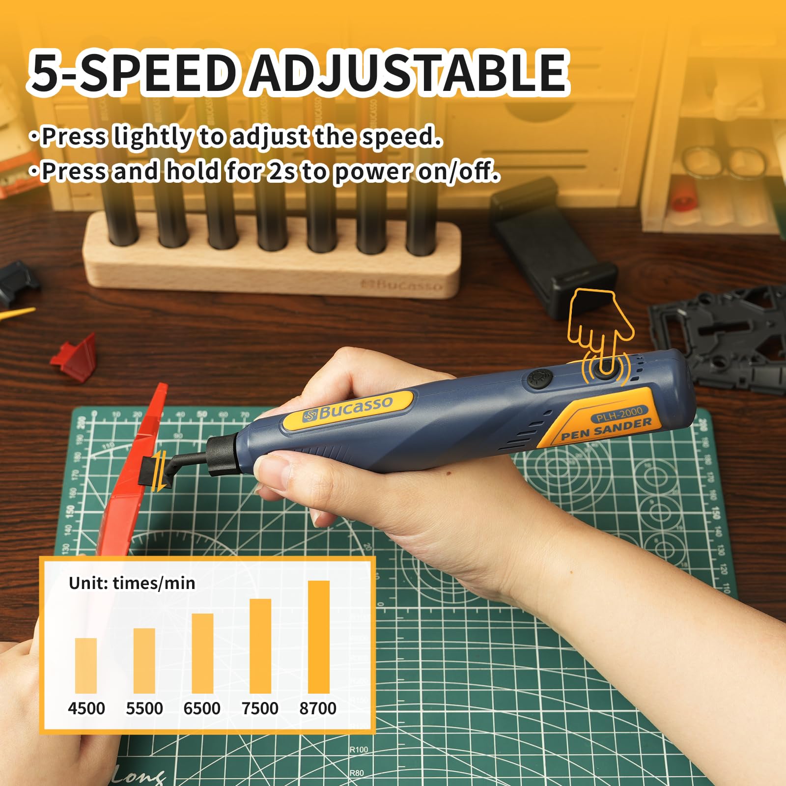 Bucasso Pen Sander five-speed dial enables tailored power.