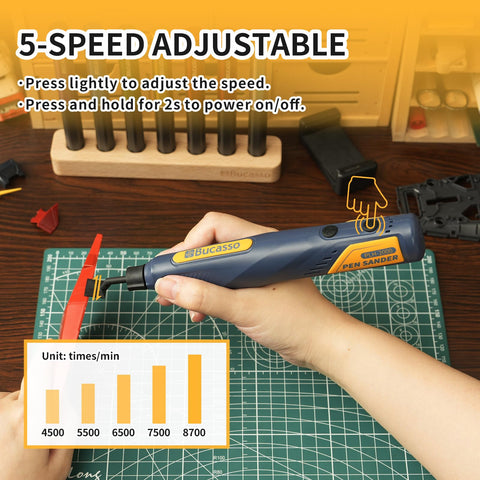 Bucasso Pen Sander five-speed dial enables tailored power.