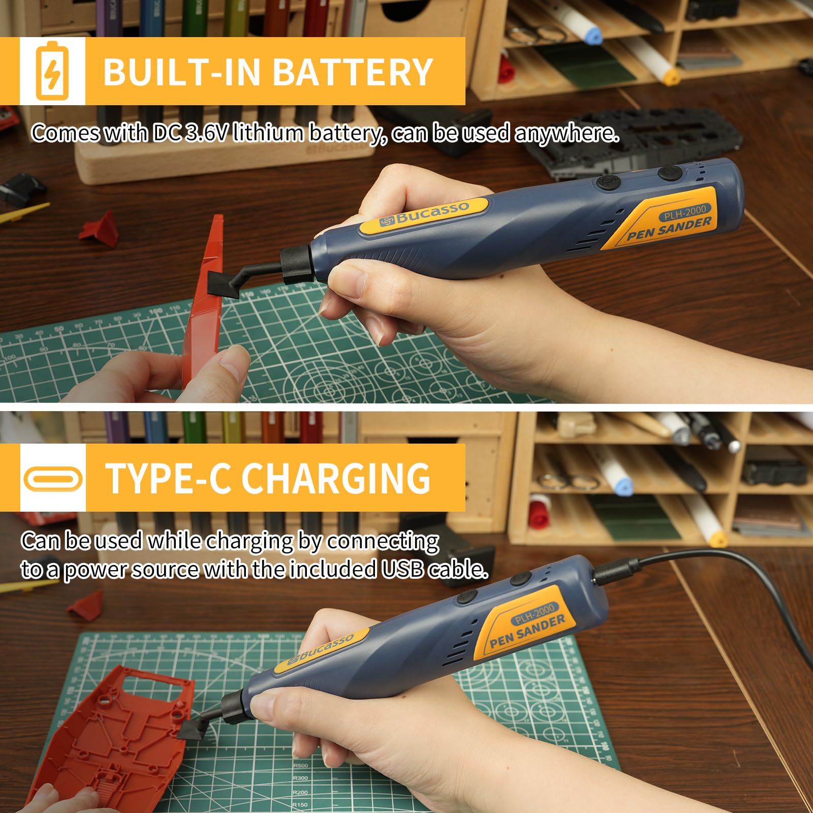 Bucasso Cordless Sander USB charging for convenient power on the go.