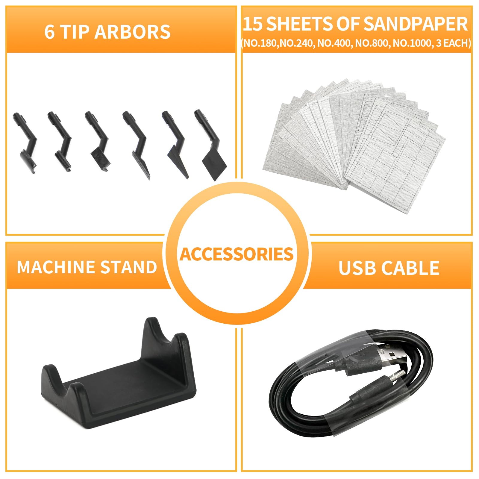 Stand and accessories for Bucasso sander help organize workspace.