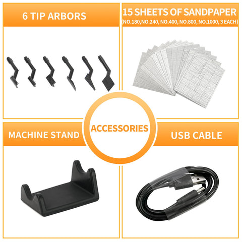 Stand and accessories for Bucasso sander help organize workspace.