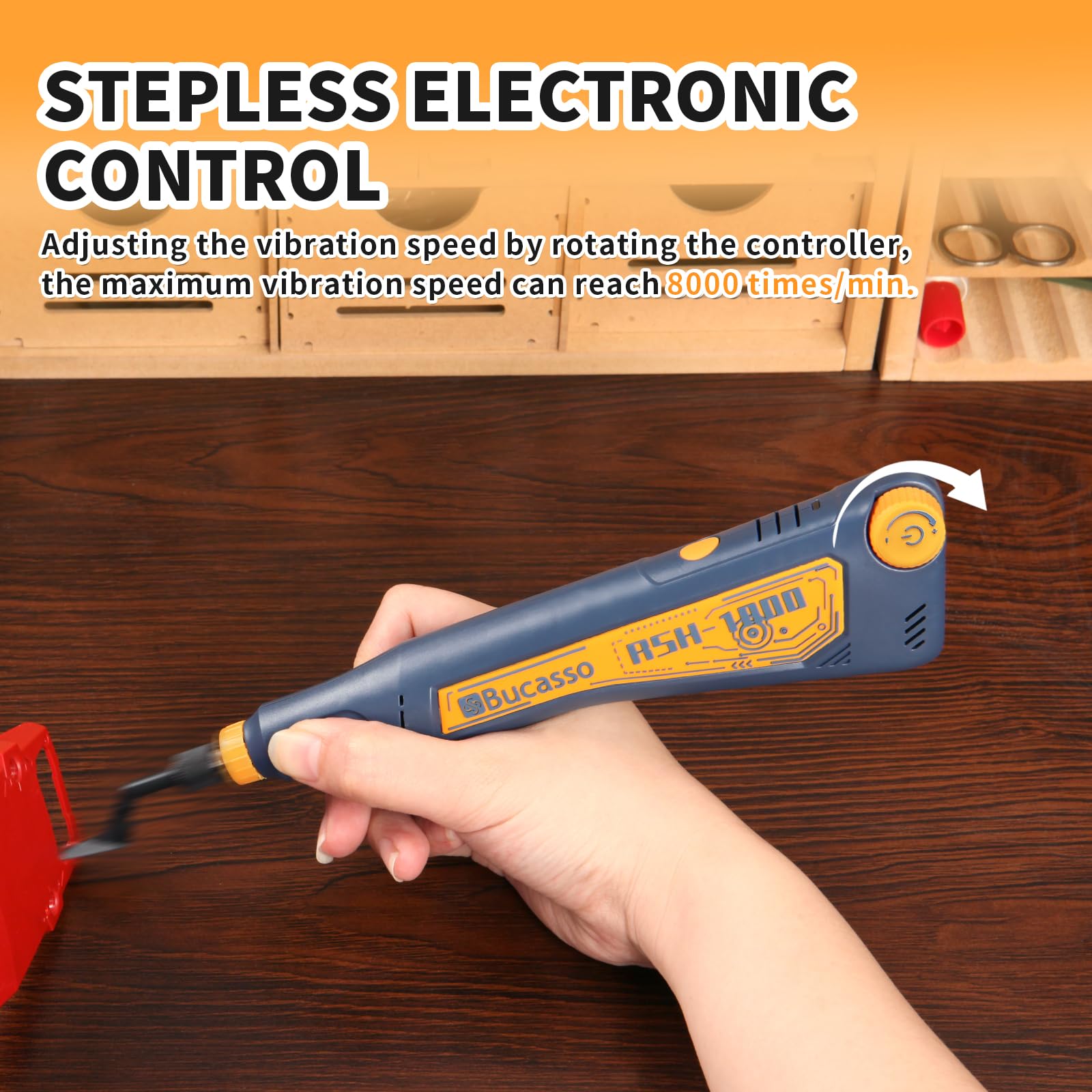 Variable speed control on Bucasso sander supports multiple materials.