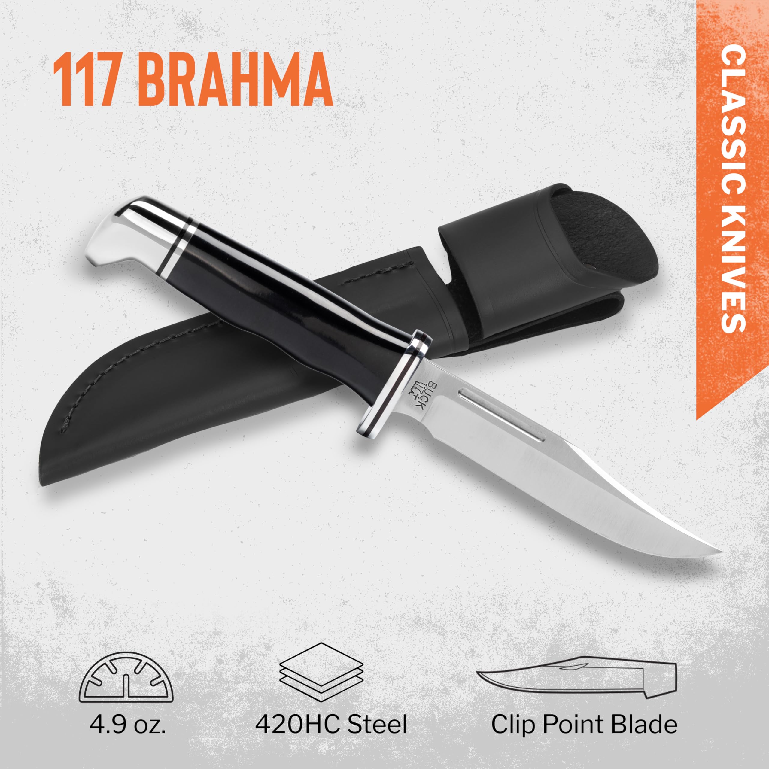 Buck Knives 117 Brahma full tang construction shown for rugged durability