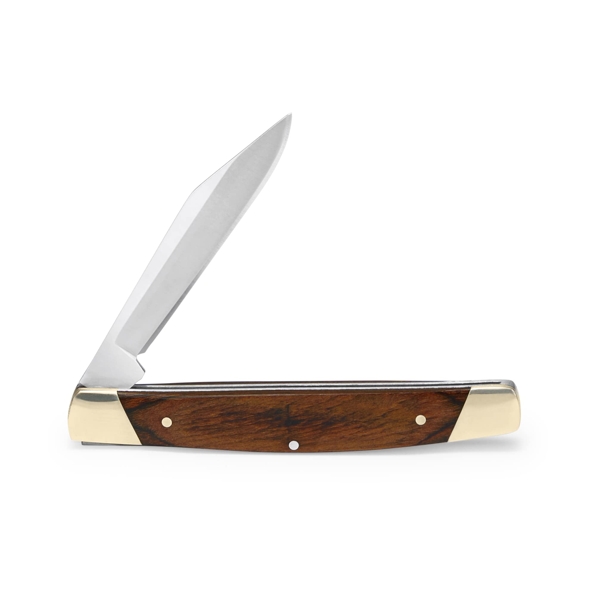 Buck Knives 379 Solo woodgrain handle with bolsters for comfortable daily carry.