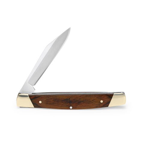 Buck Knives 379 Solo woodgrain handle with bolsters for comfortable daily carry.