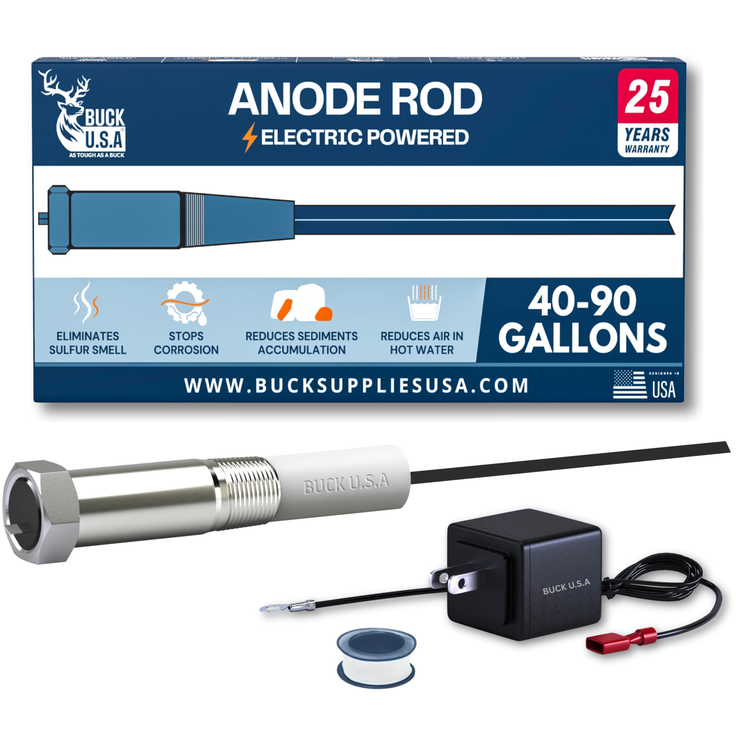 BUCK U.S.A titanium-powered anode rod for 40-90 gallon tanks protects against corrosion.