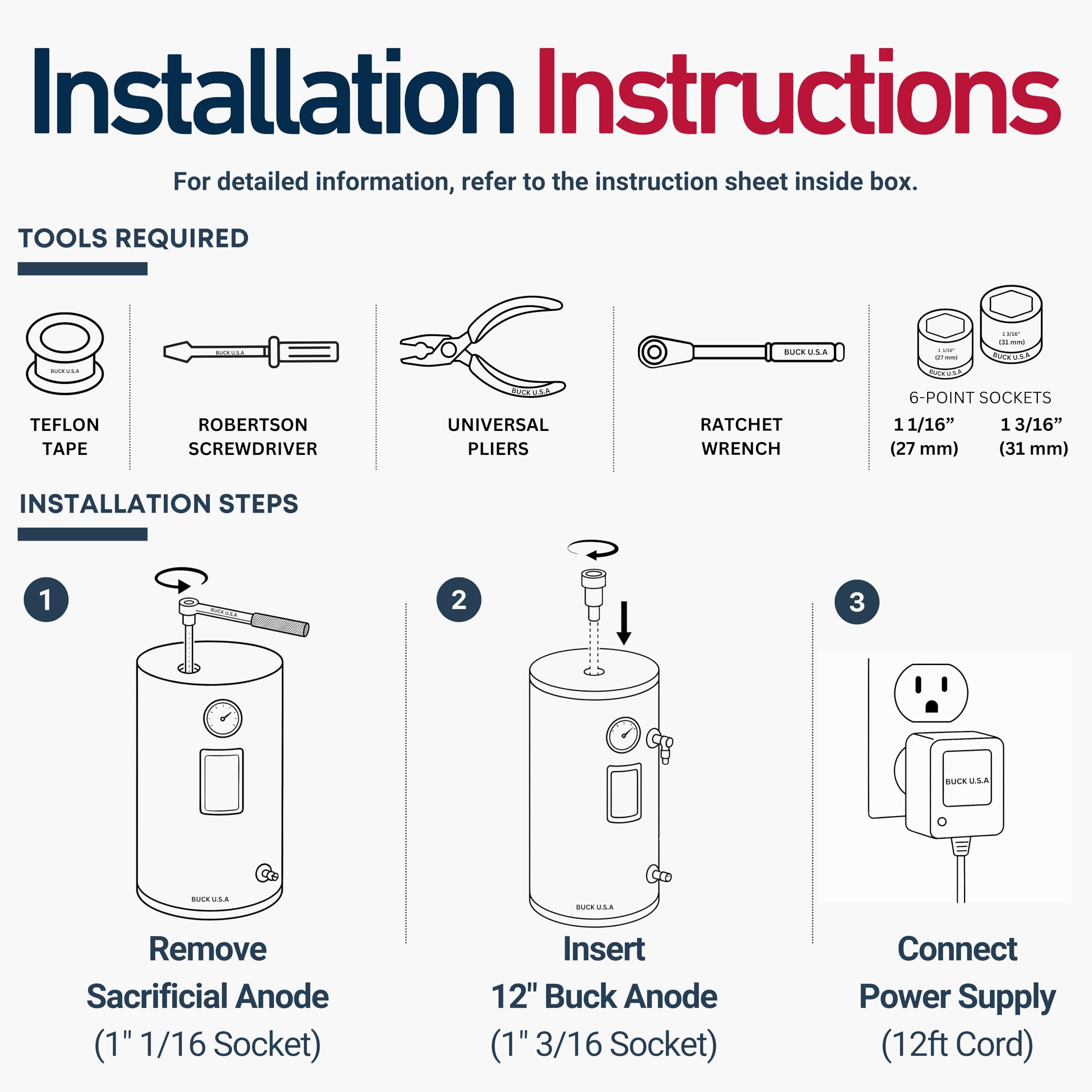 Universal-fit BUCK U.S.A water heater rod compatible with major brands and systems.