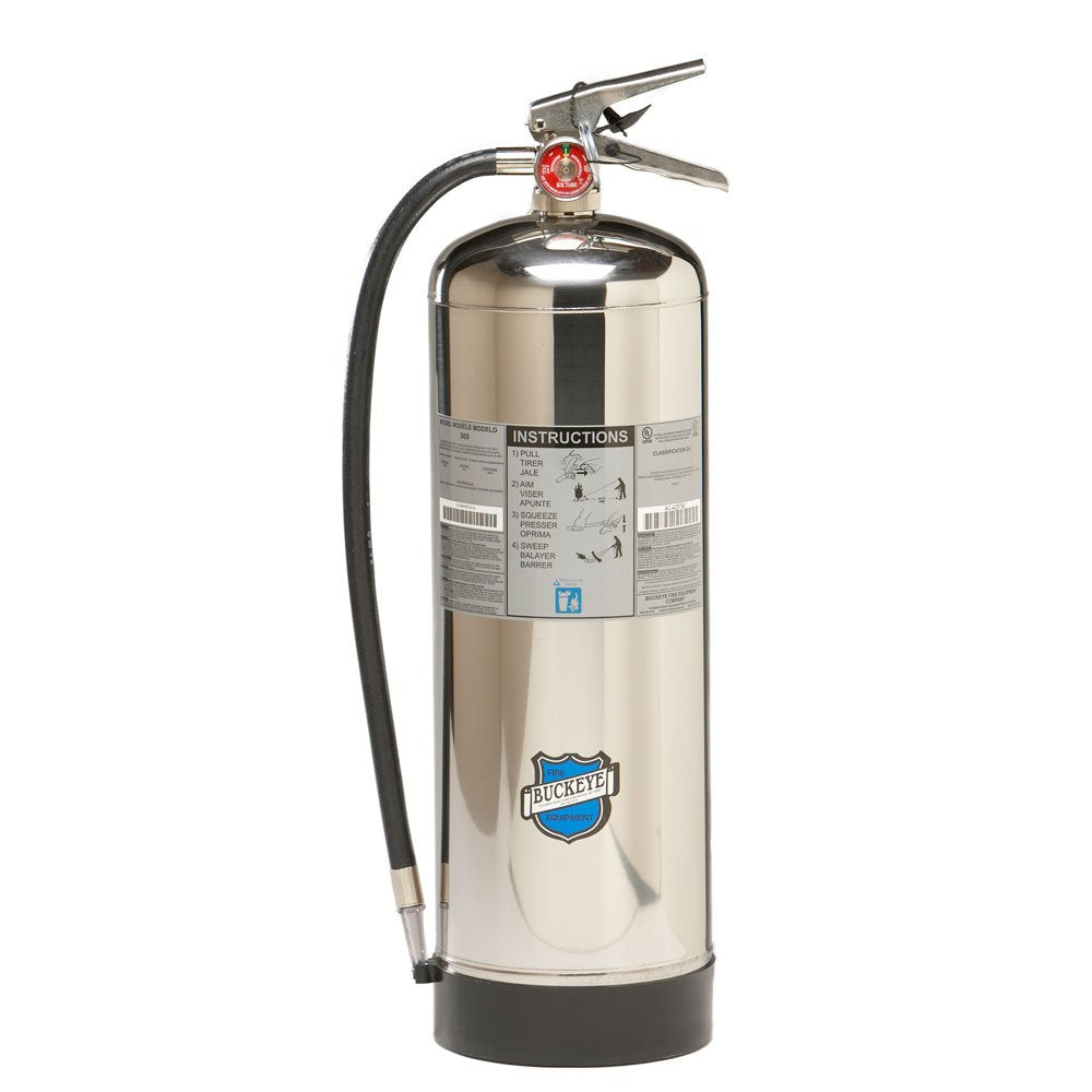 Buckeye 50000 water extinguisher mounted on wall hook for quick response to Class A fires
