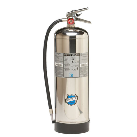 Buckeye 50000 water extinguisher mounted on wall hook for quick response to Class A fires