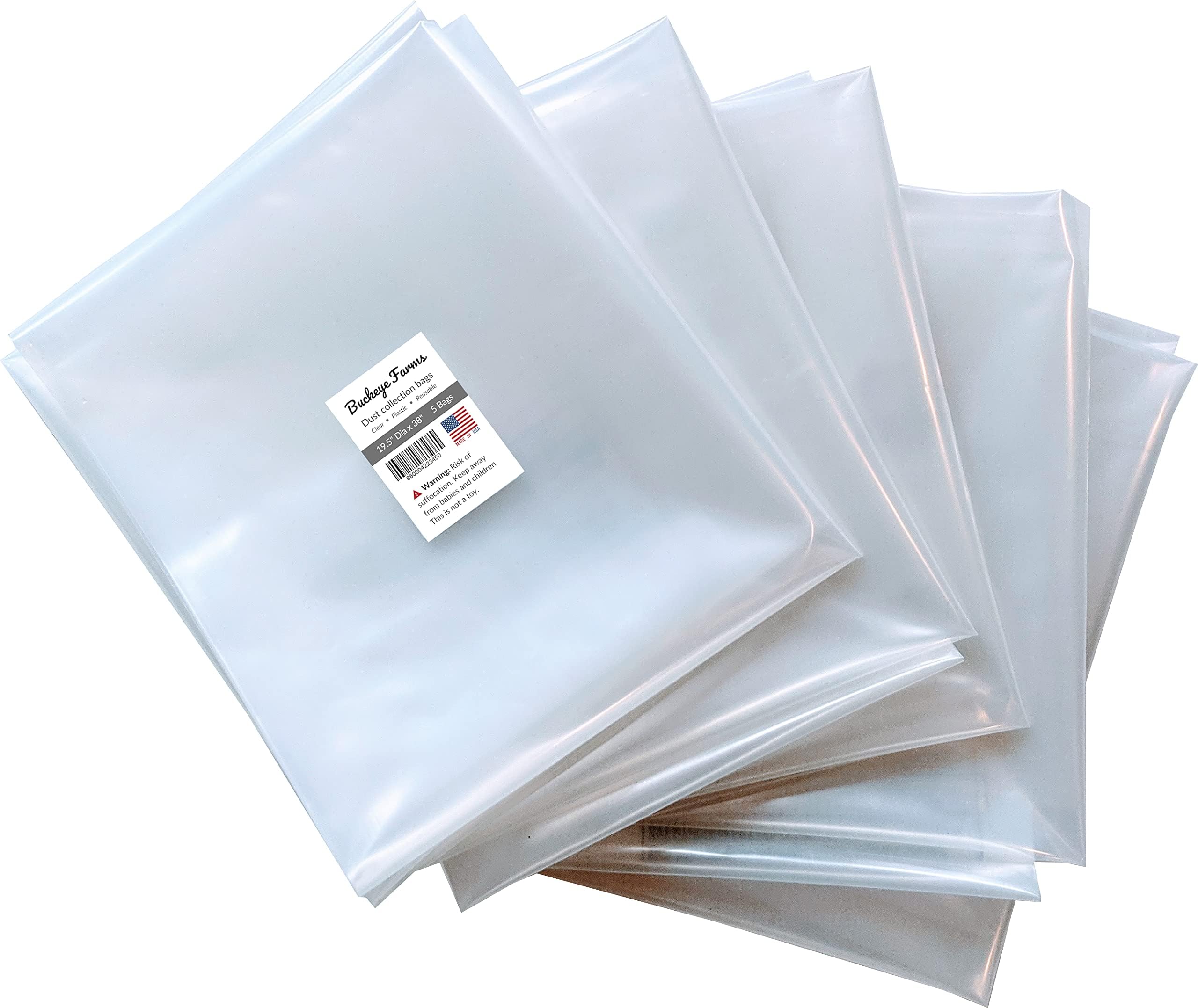 Buckeye Farms dust bag for Harbor Freight 35-gallon central machinery, clear 5 mil plastic for durability.