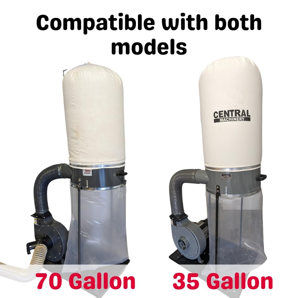 Buckeye Farms dust bag for Harbor Freight 70-gallon unit, reinforced clear plastic and easy disposal.