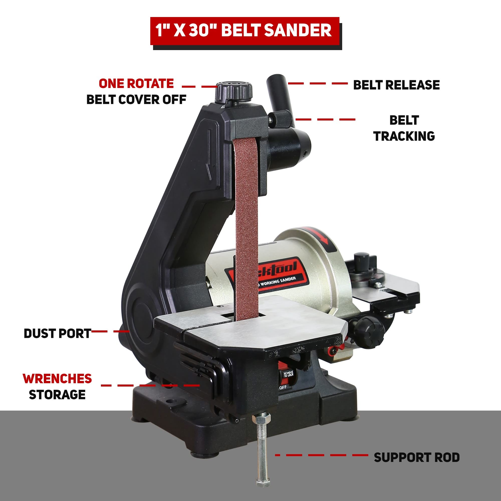 Bucktool 1x30 inch belt in use for general woodworking tasks.