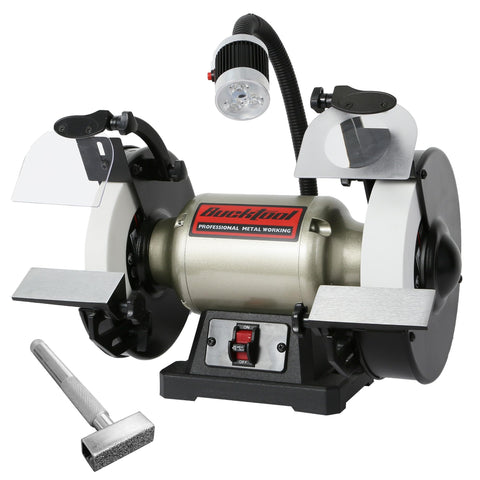 Bucktool 8in bench grinder left wheel in 80 grit for precise edge shaping and initial material removal.