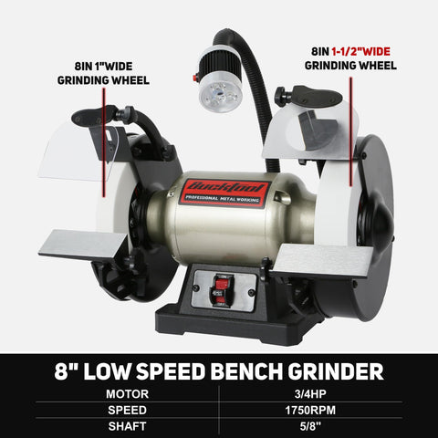 Bucktool 8in bench grinder right wheel in 120 grit for fine finishing and polish-ready edges.