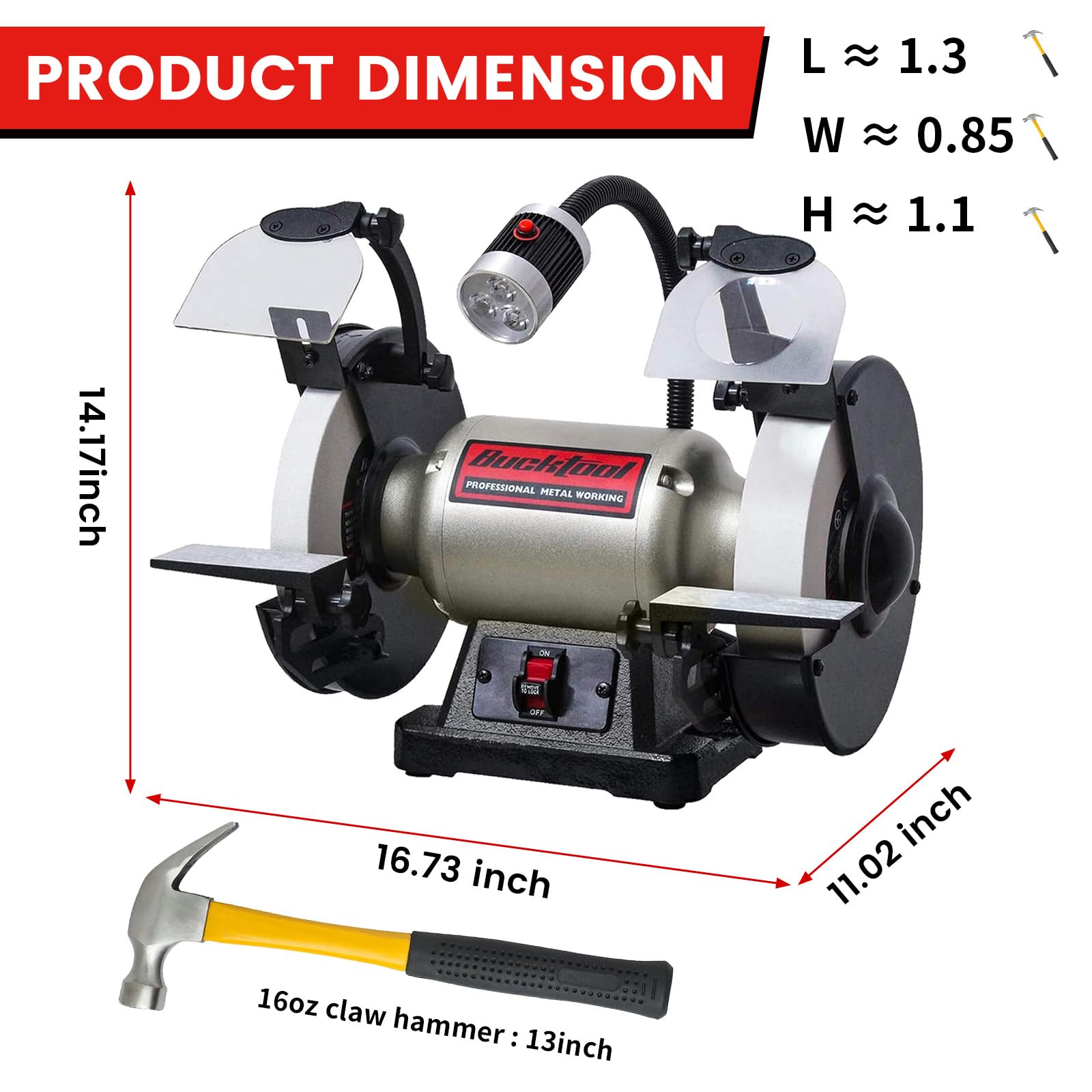 Bucktool adjustable tool rest supports 0–45 degree sharpening angles for control.