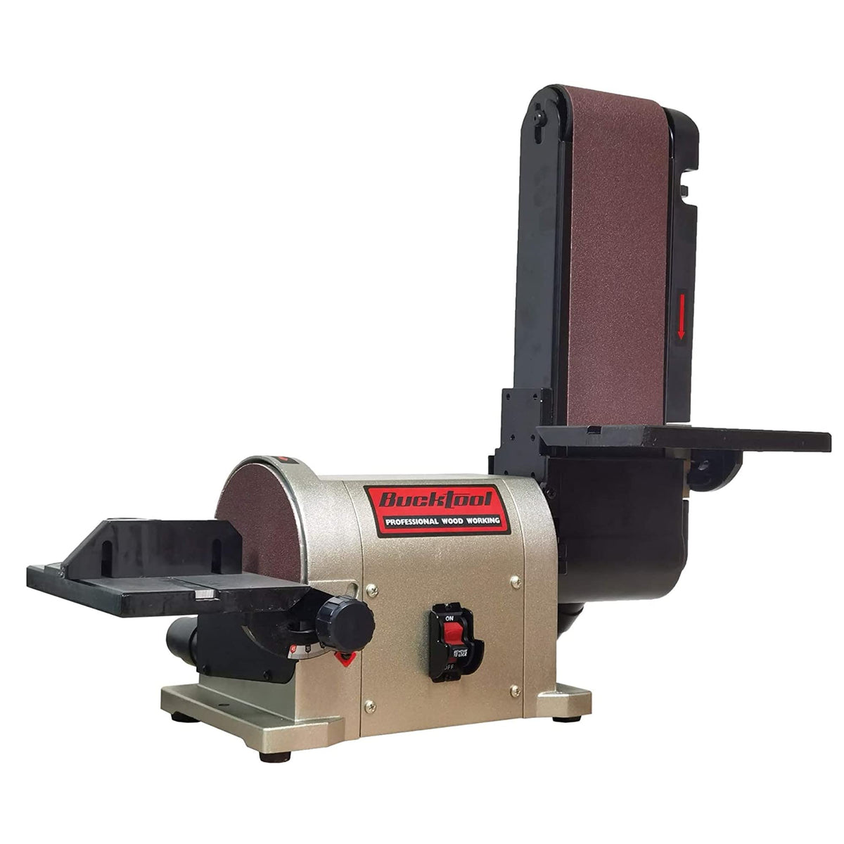Bucktool BD4603 belt-disc sander with portable aluminum base enabling stable on-site sanding