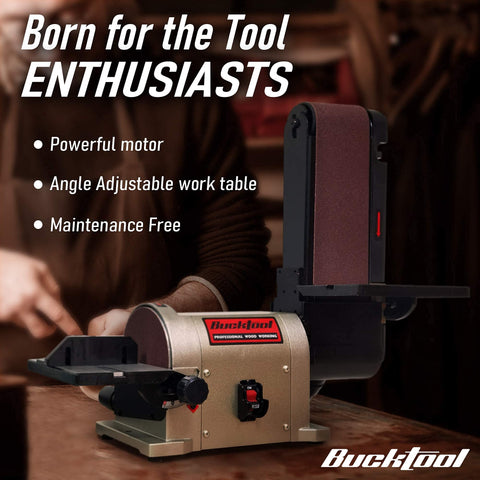 Bucktool BD4603 driven drum sands curved pieces smoothly with belt action