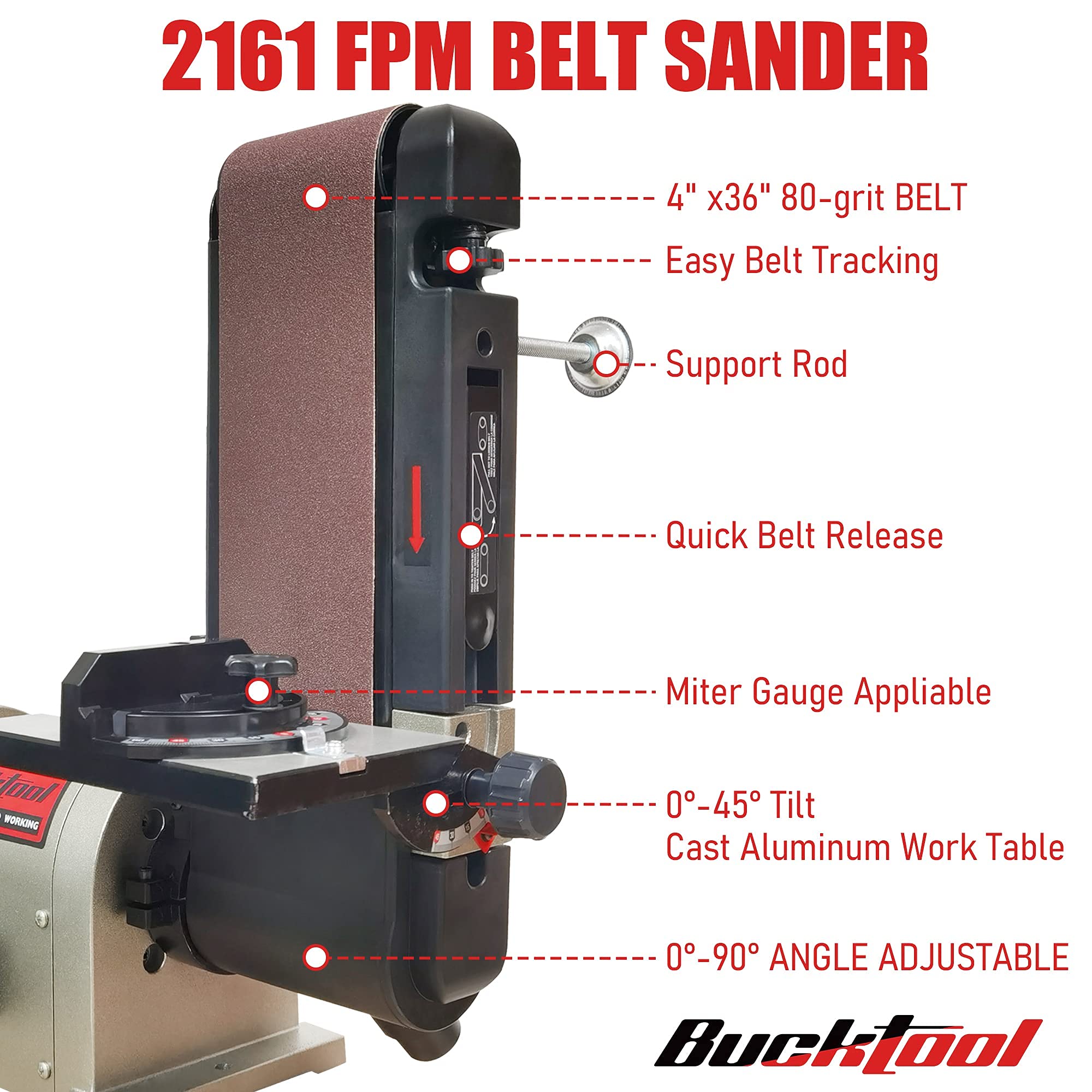 Bucktool BD4603 quick belt replacement and track control features