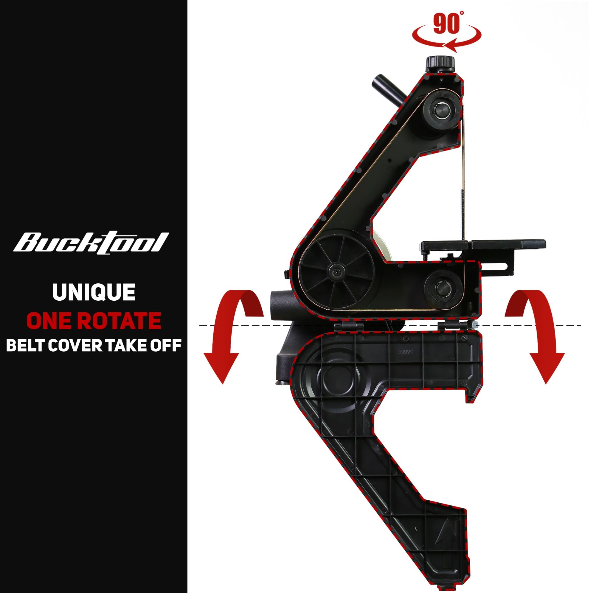 Bucktool belt cover shown with quick-release feature for fast belt changes.