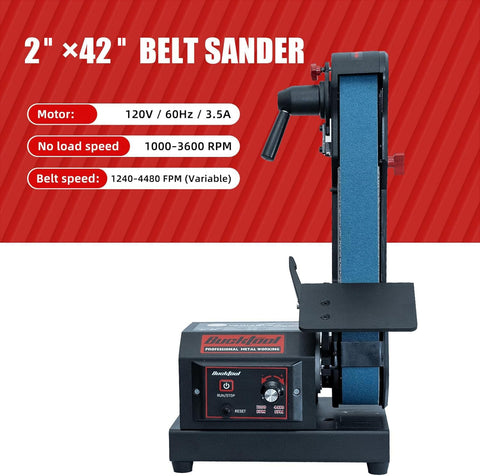 Bucktool quick belt release enables tool-free belt changes during metalworking tasks.