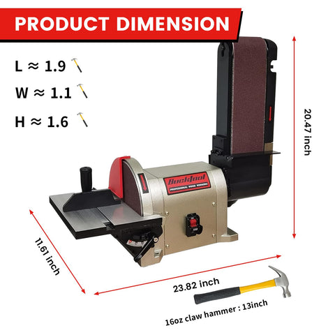 Bucktool belt sander tiltable worktable supporting bevels from 0 to 45 degrees